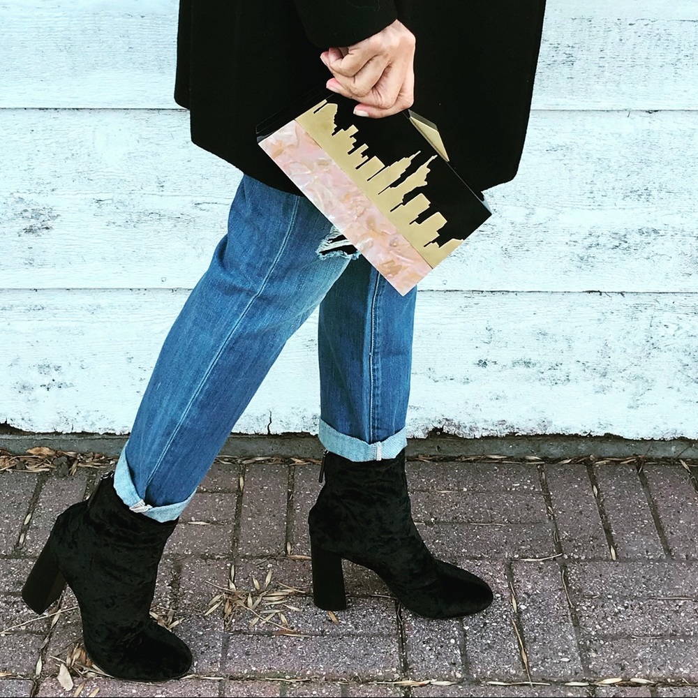 Black FCUK Crushed Velvet Block Heel Booties